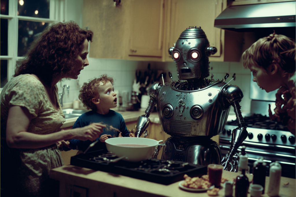 Robot making dinner while the family looks on.
