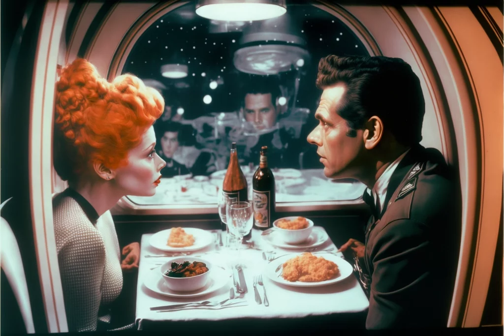 Lucy and Desi having dinner in space. Randomly, people out the window look in.
